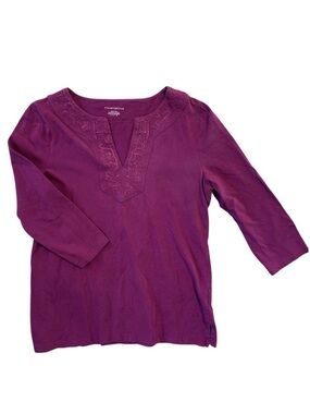 Charter Club Womens Fuscia Purple Embroidered Split V-Neck 3/4 Sleeve Top Size M